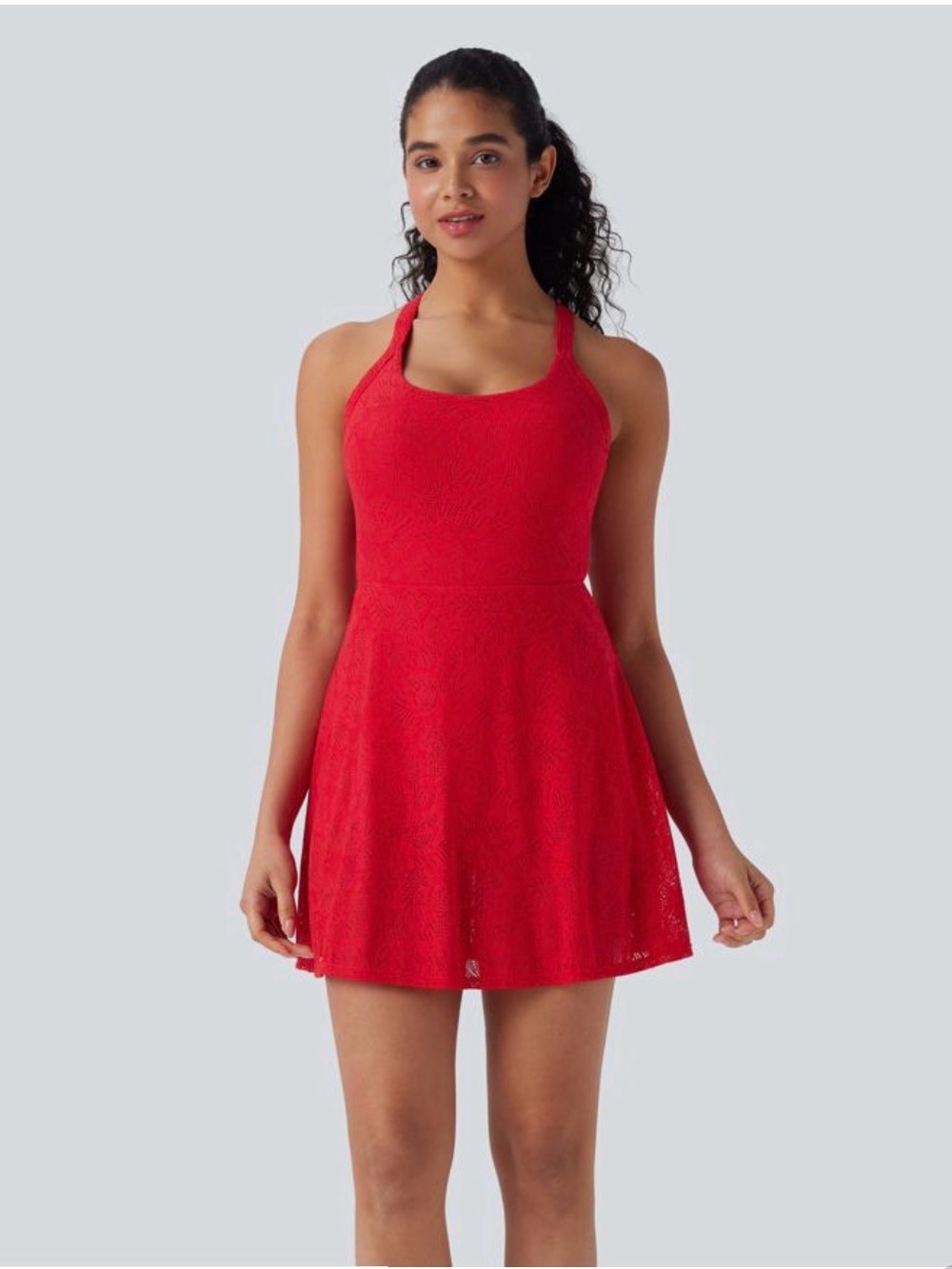 HALARA Red Lace Halter Skater Dress size L NWT